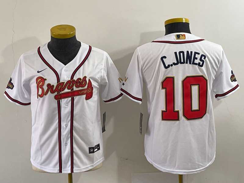 Youth Atlanta Braves #10 Chipper Jones 2022 White Gold World Series Champions Cool Base Stitched Jersey->arizona diamondbacks->MLB Jersey